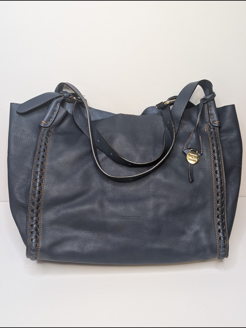 Dooney & Bourke Montecatini Navy Italian Leather Shoulder Tote with Woven Trim